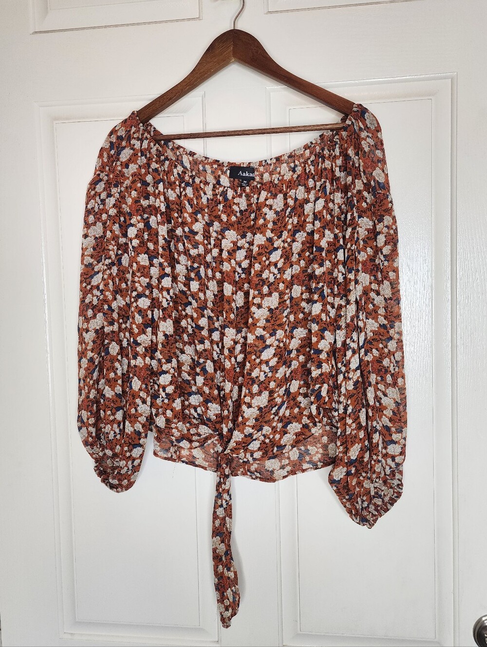 AAKAA Floral Boho Peasant Blouse – Off-Shoulder Tie-Front Balloon Sleeve Top